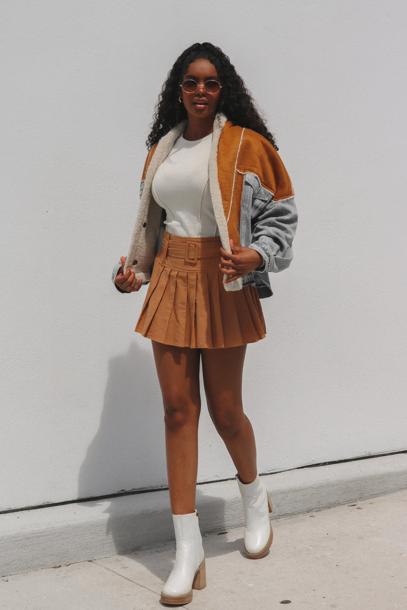 Mean It Mini Skirt in Camel – Lauren Nicole